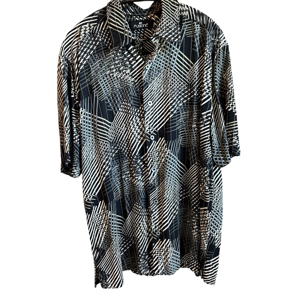 FUSIONE Mens LG Black White Geometric Rayon Button-Up Shirt Short Sleeve Collar